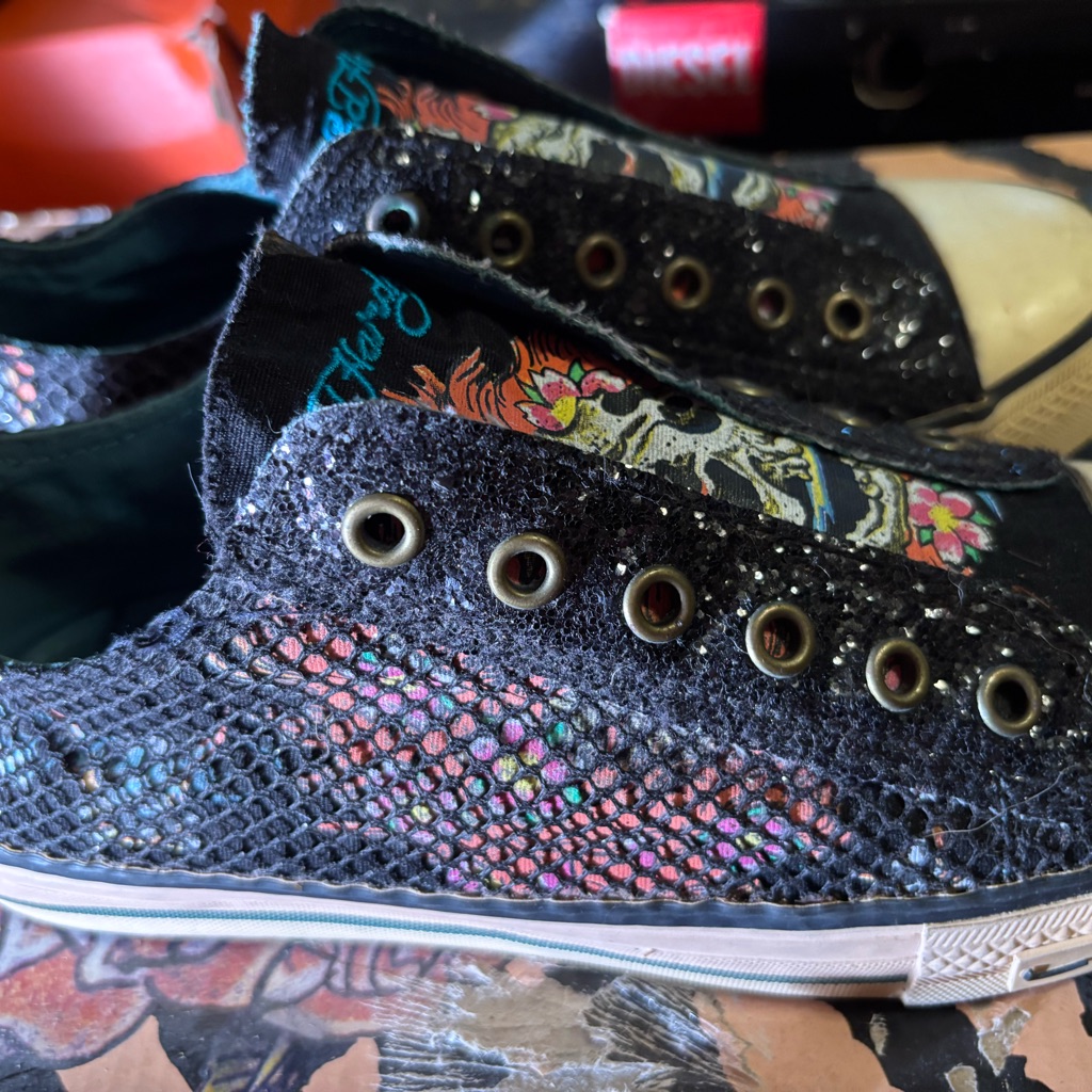 Y2k 100% Authentic Ed Hardy Black Sneakers Glittery Design